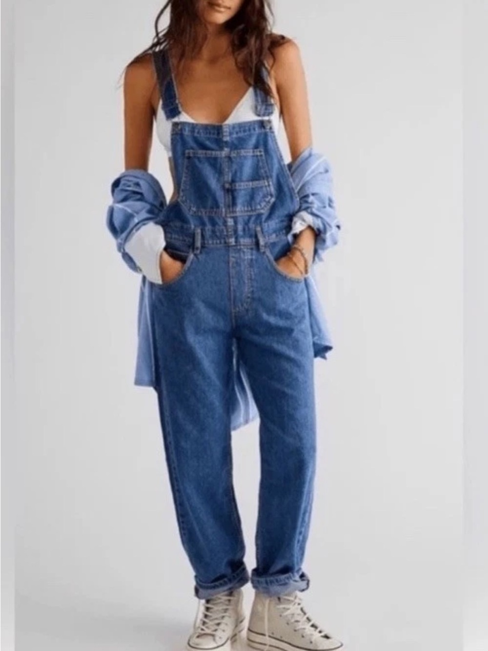 We The Free People Ziggy Denim Overall Utility Straight Leg Blue Jeans Y2K Sz XL